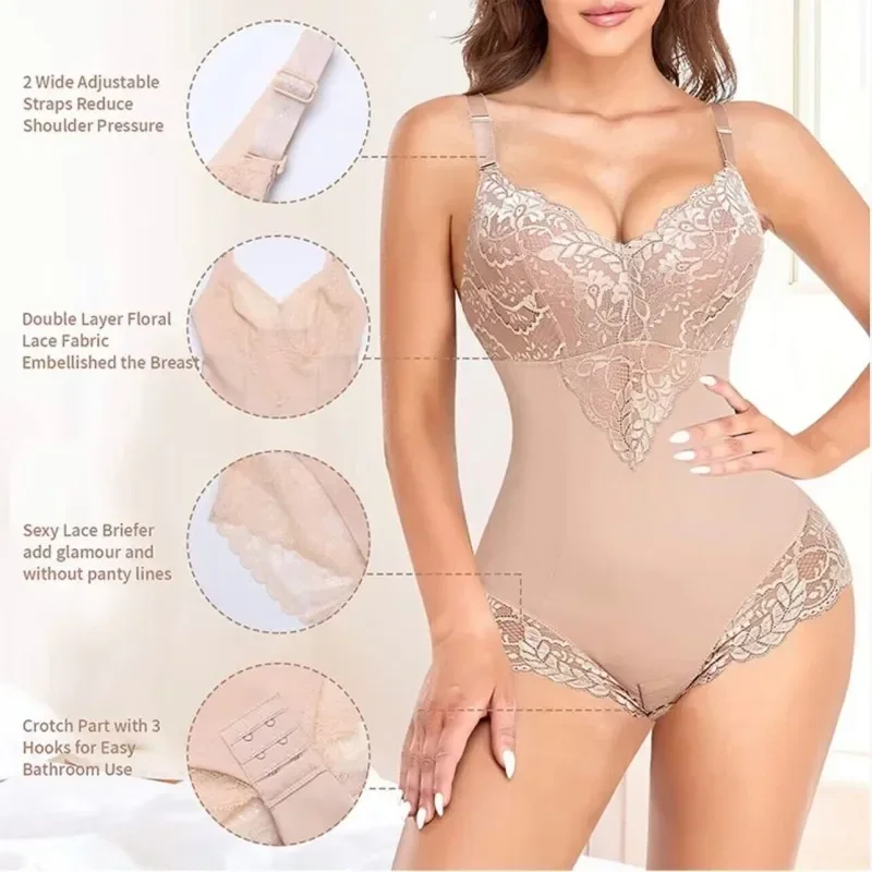 Sexy Lace V Neck Spaghetti Strap Bodysuits Snap Open Crotch Light Control Body Suit Sexy Jumpsuit Daily Wearing Underwear