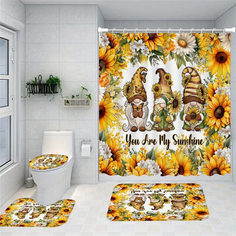 4pc Sunflowers Gnomes Shower Curtain And Mats, Bright Shower Curtain With 12 Hooks, Non-Slip Bathroom Rug, Toilet U-Shape Mat,