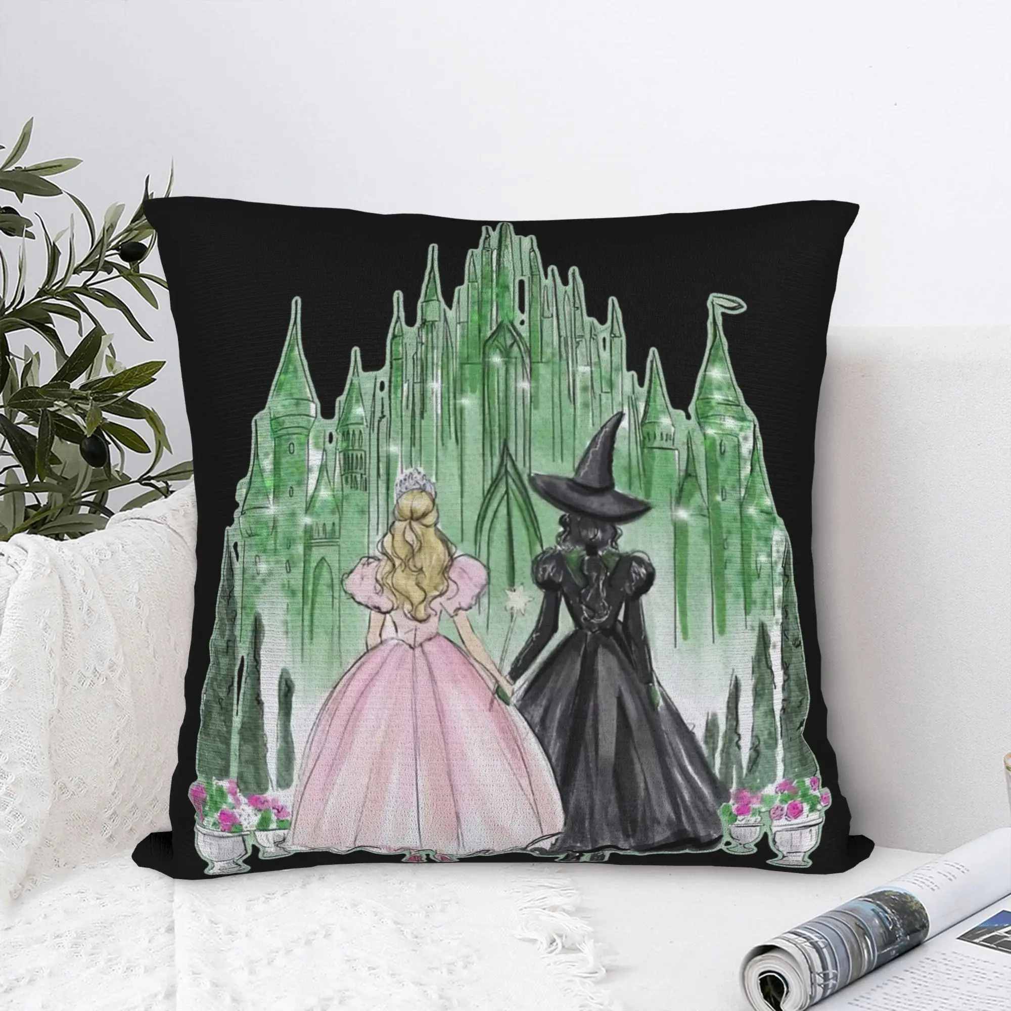 Wicked Movie Castle Watercolor Art Pillowcase Printing Cushion Cover Gift Elphaba Glinda Pillow Case Cover Living Room Square