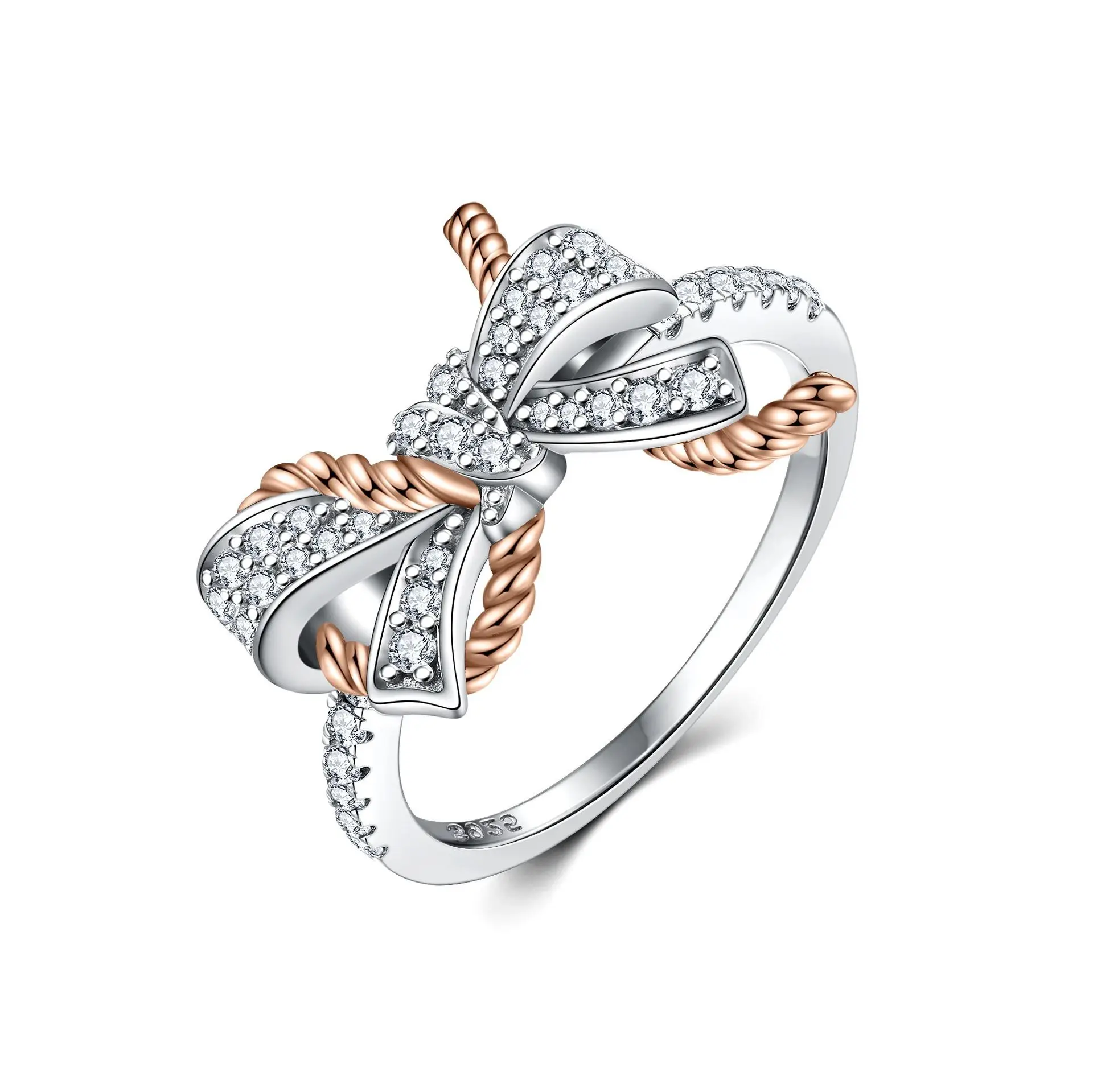 New Fried Dough Twists Bow Ring Women's Design Zircon Row  Europe and America S925 Silver Wedding 