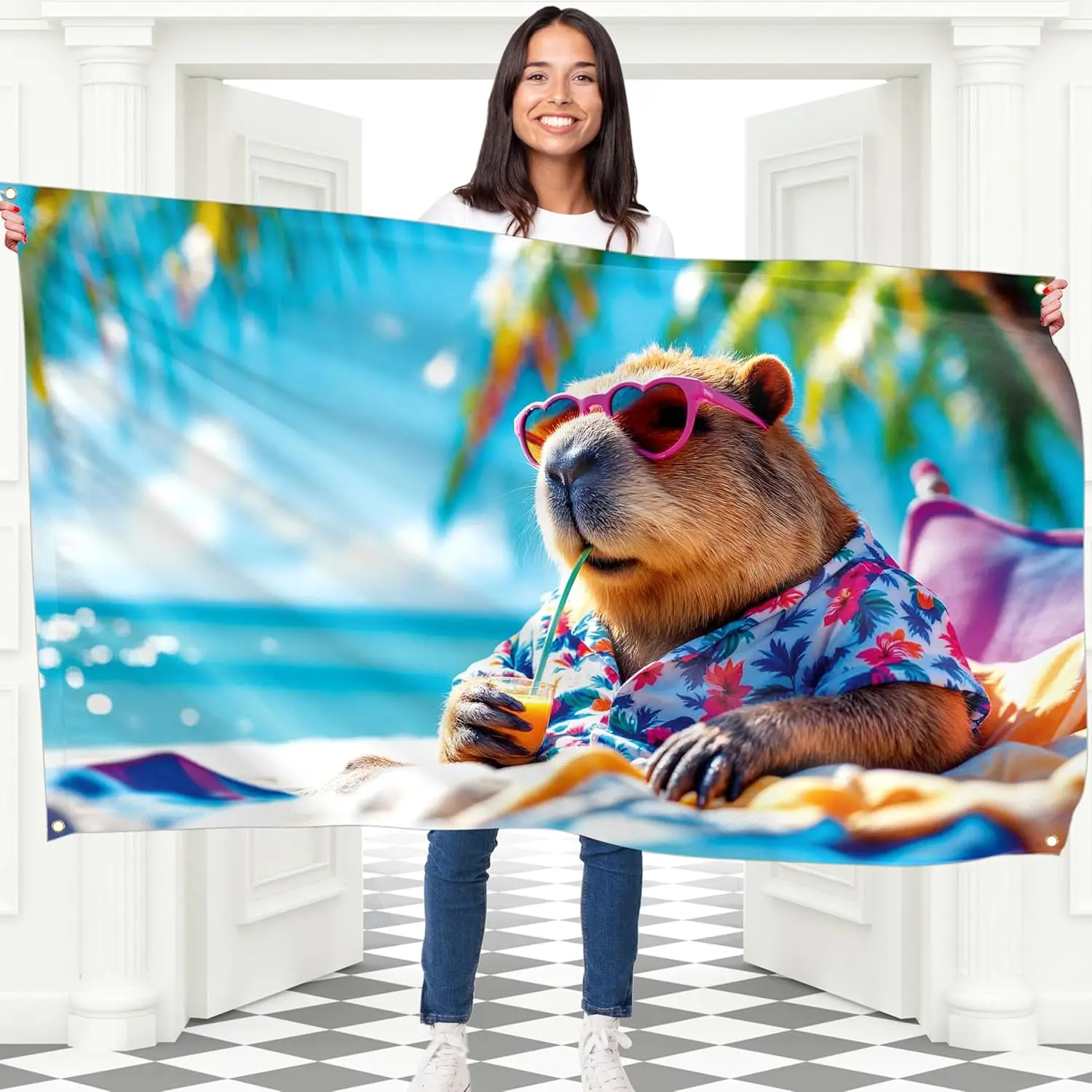 Lustiges Seeotter-Strandbanner, tropisches Tier-Hängematten-Dekor-Poster, Sommerurlaub-Wandkunstdruck, Geschenk für Strandhaus