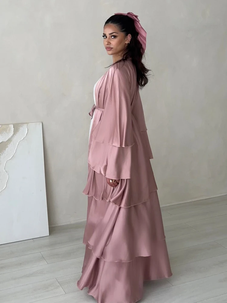 Eid Abayas for Women Muslim Jalabiya Satin Ramadan Robe Cake Dress 2024 Ramadan Caftan Party Long Dresses Vestido Largo Cardigan