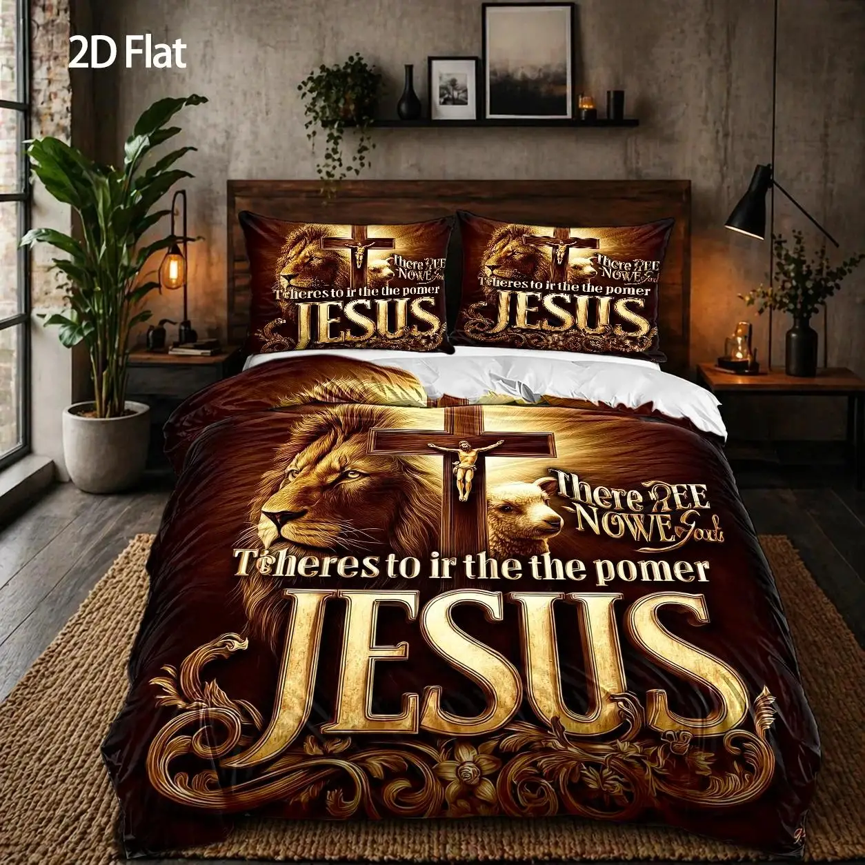 3-Piece Quilt Cover Set, 1 Quilt Cover + 2 Pillowcases (Without Filling) 2D_Flat_Priting, Golden Lion Cross Theme, Religious Art Style, Easter, Suitable for All Seasons, Machine Washable, Invisible Zipper, Home Use