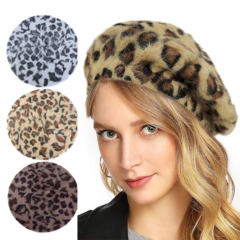 Elegant Leopard Print Artist Beret Casual Painter Autumn Winter Fashion Women's Hat Warm Outdoor Girls Ladies Cap