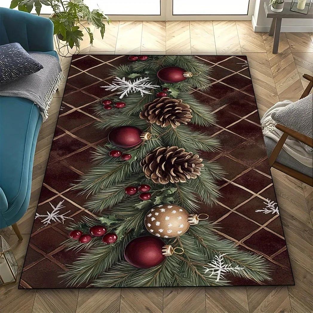 Floor Carpet Rug Pinecone Non Slip Christmas Garland Washable Red Bauble Rustic Retro Dining Room Apartment Decor
