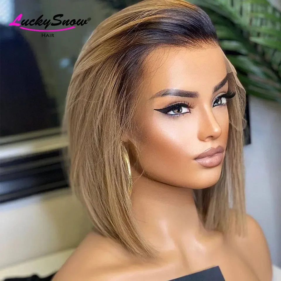 

Transparent 13x4 HD Lace Frontal Wigs Ombre 1B Brown Straight Short Bob Cosplay Brazilian Colored Human Hair Wig For Women