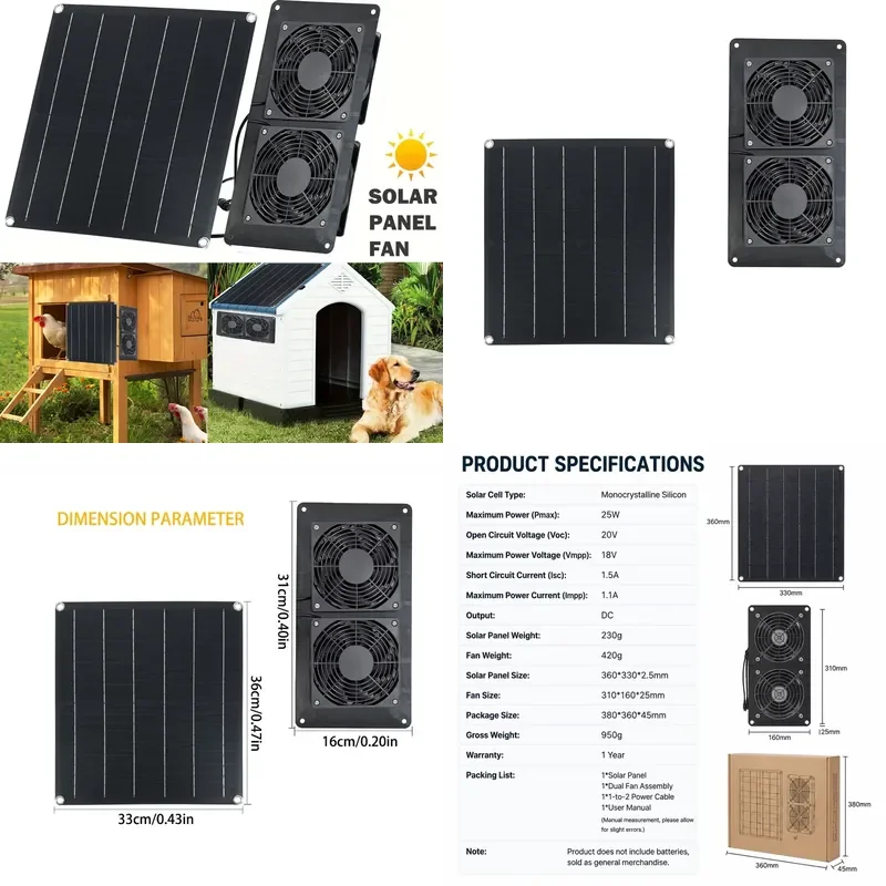 25W Solar Powered Ventilation Fan for Chicken Coops, Dog Houses & Pet Kennels- Photovoltaic Exhaust Fan for Poultry, Small
