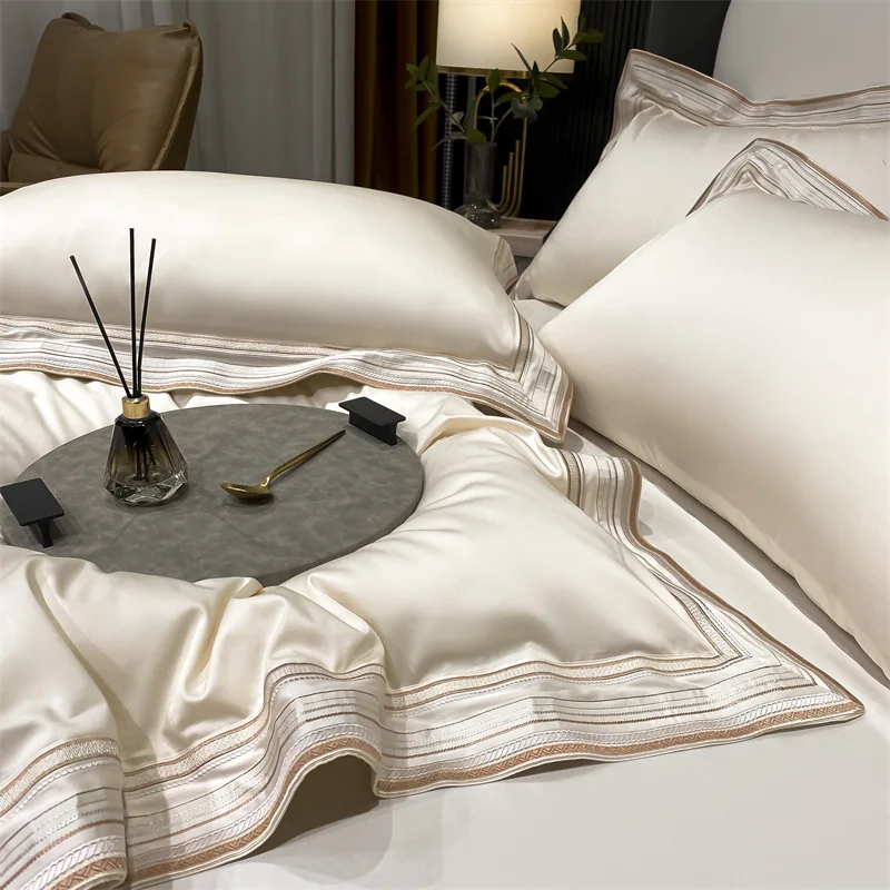 100% Cotton 4 Pcs Bedding Set Minimalist Embroidered Solid Color Duvet Cover Sheet Full Cotton Bed Linen
