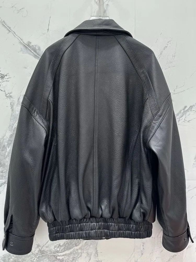 Chaqueta de cuero genuino con cuello levantado para mujer, estilo informal, Color sólido, cremallera holgada, manga larga, ropa de abrigo para motocicleta de piel de oveja