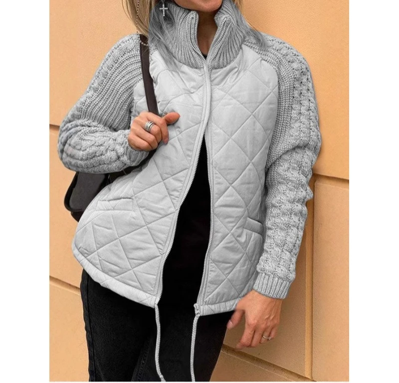 2025 Autumn and Winter New Fashion Sweater Patchwork Cardigan Stand Up Collar Women's Coat Cotton Jacket