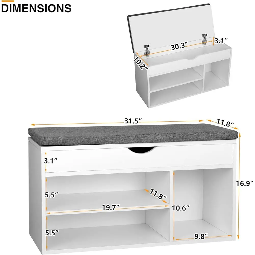白とグレーの玄関用シューズベンチ、スタイリッシュな靴の整理に最適な収納付き