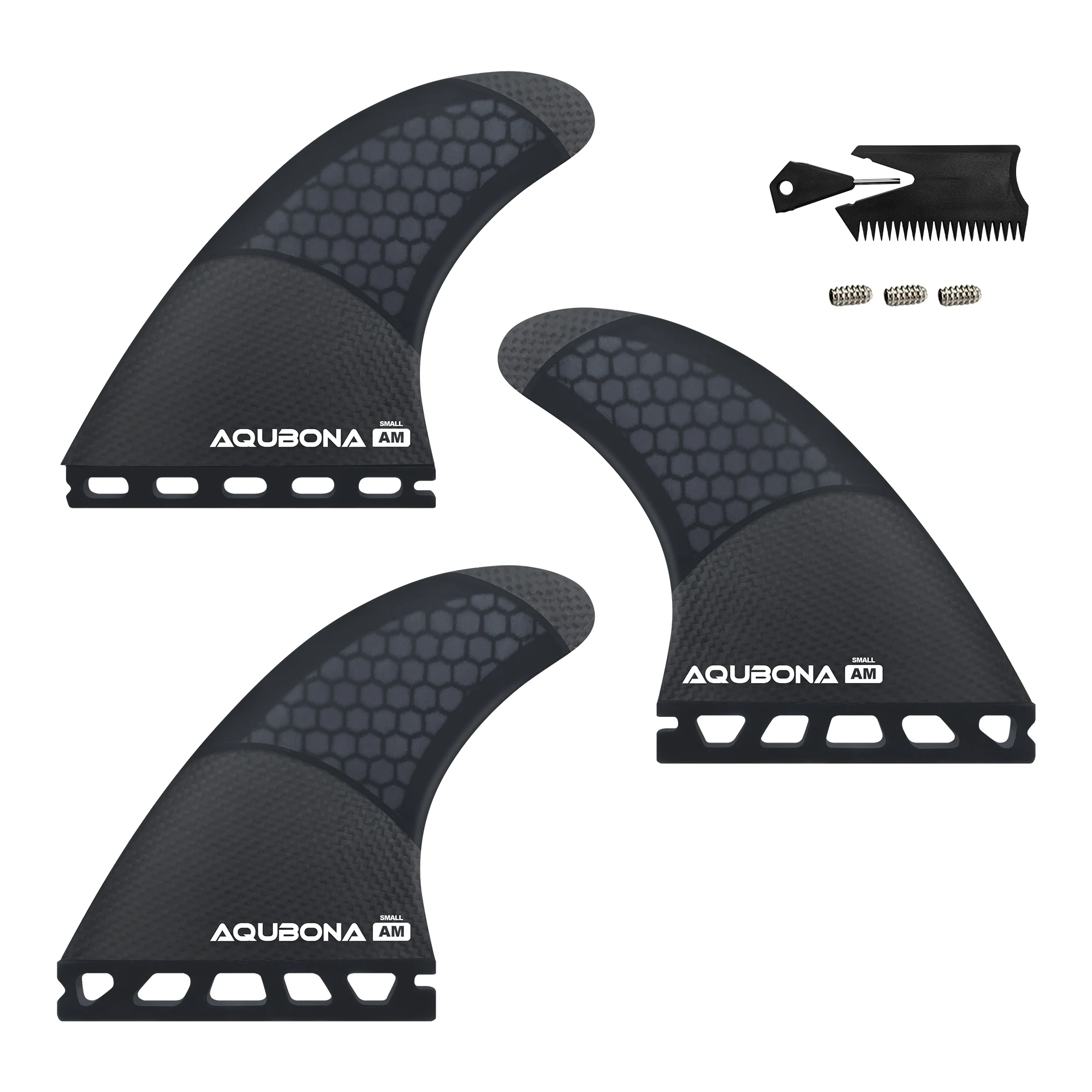 Płetwy surfingowe Single/Dual II Tab - Zestaw potrójnych płetw z włókna szklanego o strukturze plastra miodu i węgla w rozmiarze S/M/L - w zestawie ze śrubami z kluczem płetwy i grzebieniem do wosku