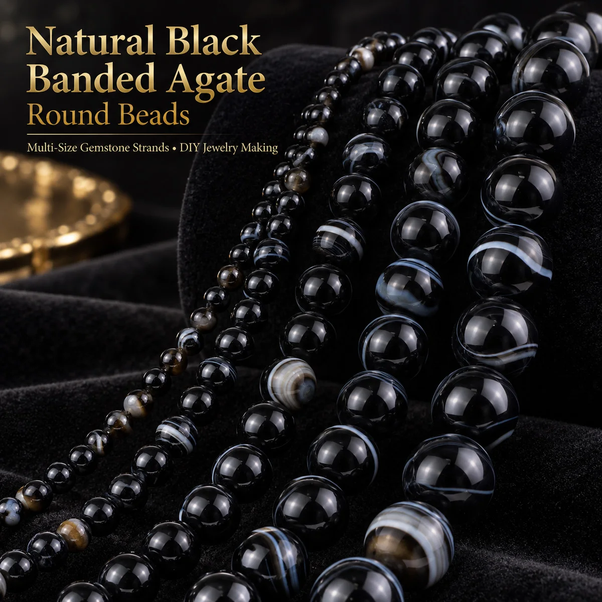 4/6/8/10/12mm Half Strand Natural Stone Black Banded Agates Round Smooth Spacer Beads for DIY Bracelet Necklace Jewelry Making