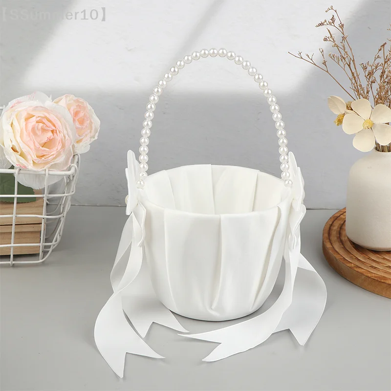 【SSummer10】1Pc Pearl Handle Flower Basket Bow Satin White Western Rustic Bowknot Wedding Flower Basket For Floral Petals【SS】