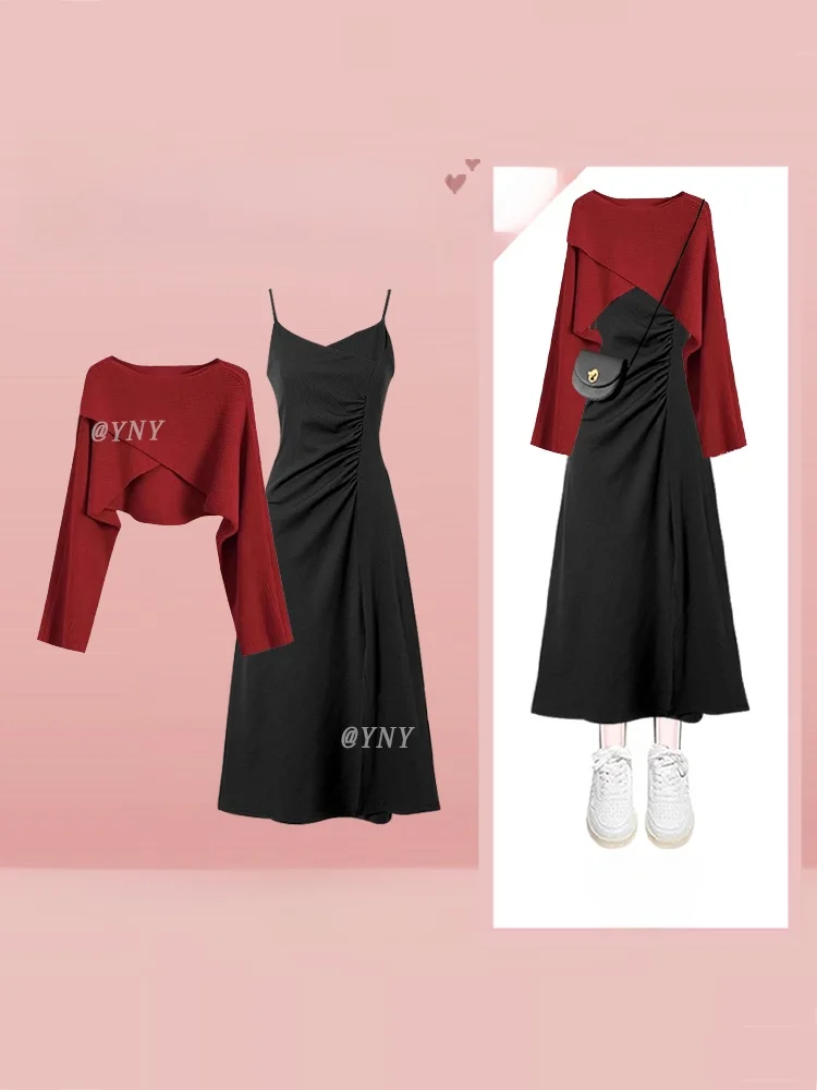 ชุดเสื้อถักไหมพรมไซส์ใหญ่สำหรับฤดูใบไม้ร่วง ผู้หญิงทรงหลวม เสื้อครอปเอวเข้ารูป กระโปรงยาว สไตล์ลำลอง แฟชั่นอเนกประสงค์