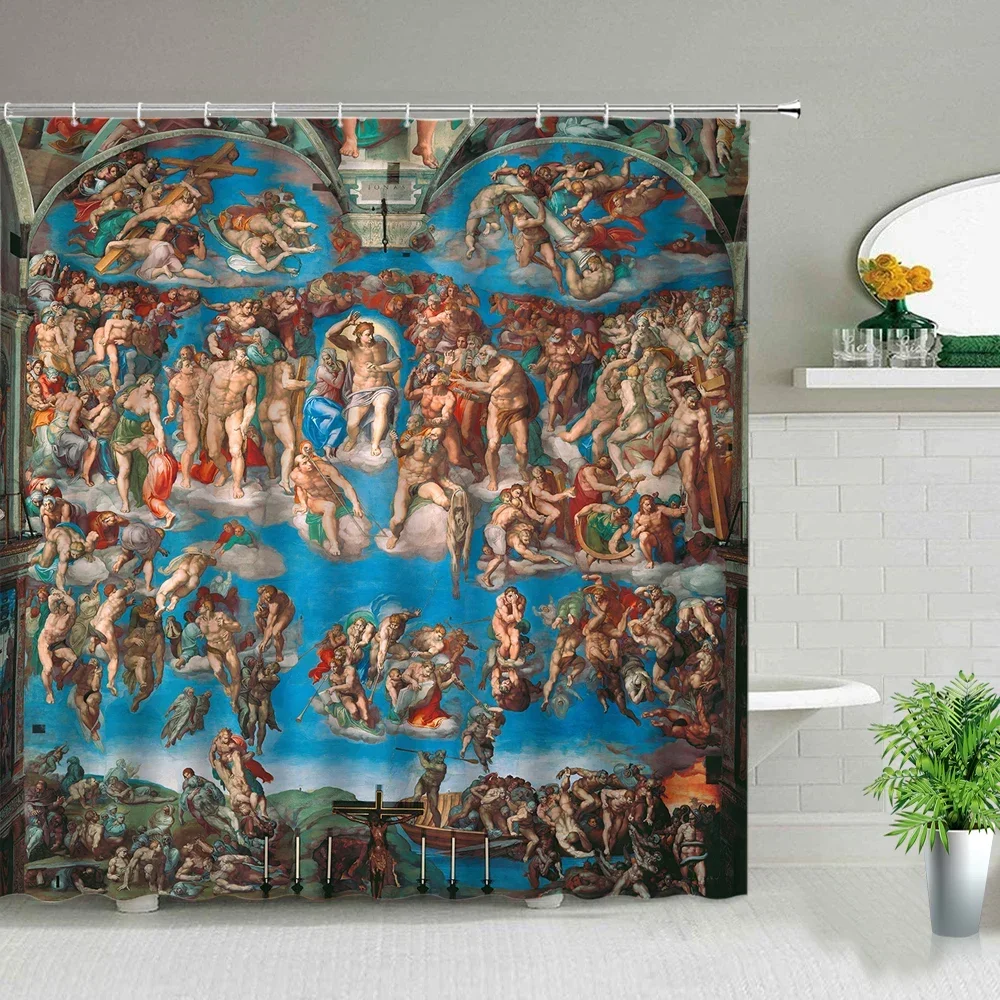 European Style Religious Oil Painting Shower Curtain Elegant Retro Art Drape Luxury Bathroom Home Decor Case