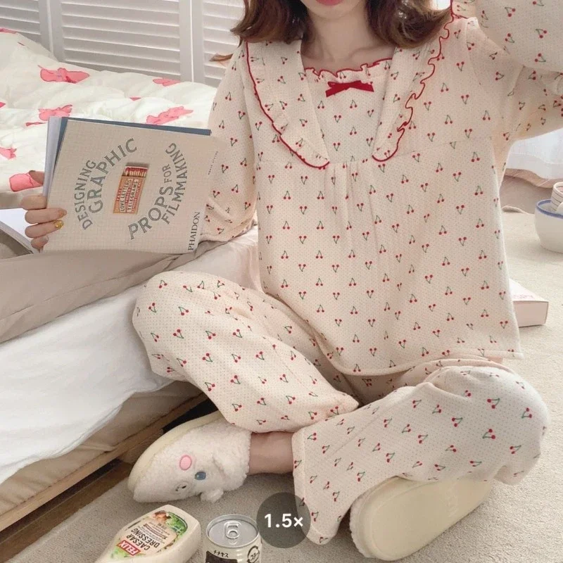 Pajama Sets Women Sweet Print Autumn Sleepwear Personality Home Daily Leisure Basics Creativity Ladies Slouchy Stylish Prevalent