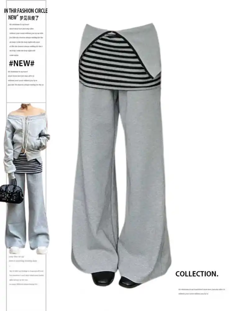 Women's Y2k Baggy Grey Flare Pants Harajuku Patchwork Long Pants Japanese 2000s Style Sweatpants Vintage Trousers Clothes Summer