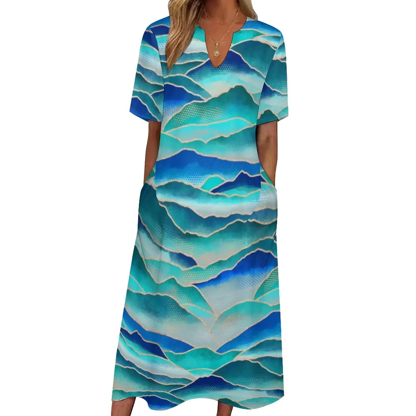 Misty Malibu Mountains Dress Line Print Night Club Maxi Dress V Neck Design Bohemia Long Dresses Street Fashion Oversize Vestido