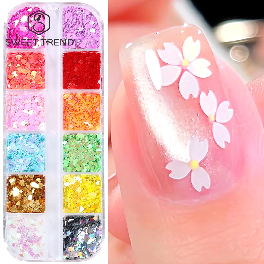 SWEET TREND - Paillettes pour ongles en forme de pétales de cerisier colorés, fleurs de cerisier 3D, flocons de paillettes, accessoires de manucure DIY pour l'été
