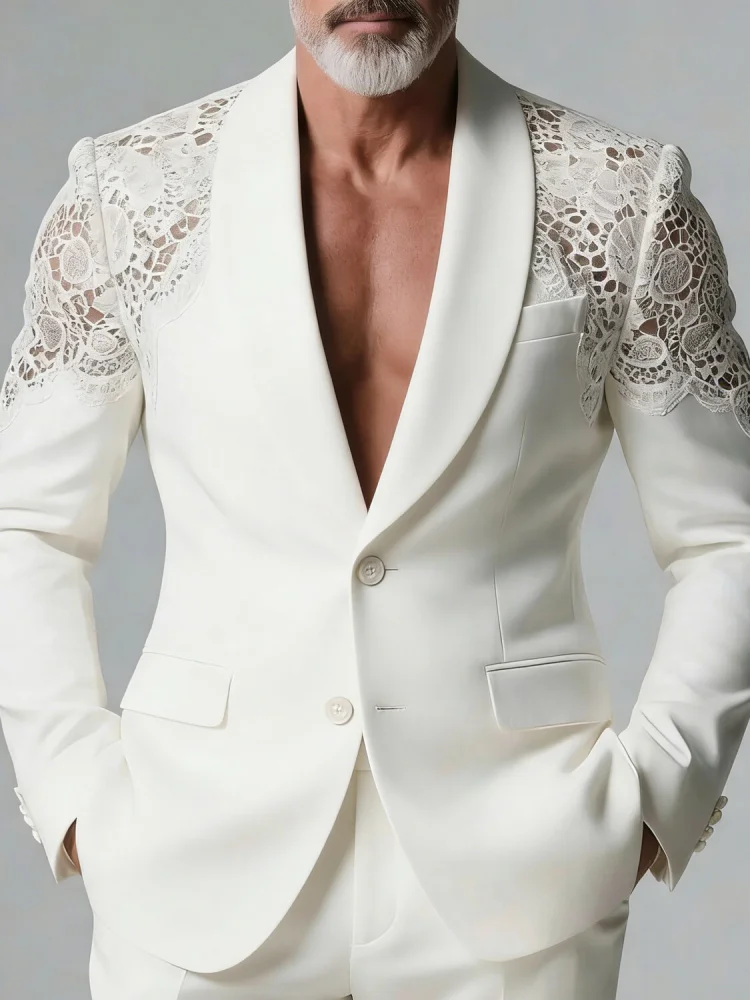 Mens Fashion Lace Spliced Shawl Lapel Blazer Single Breasted Slim Fit Groom Wedding Suit Jacket Men Outerwear