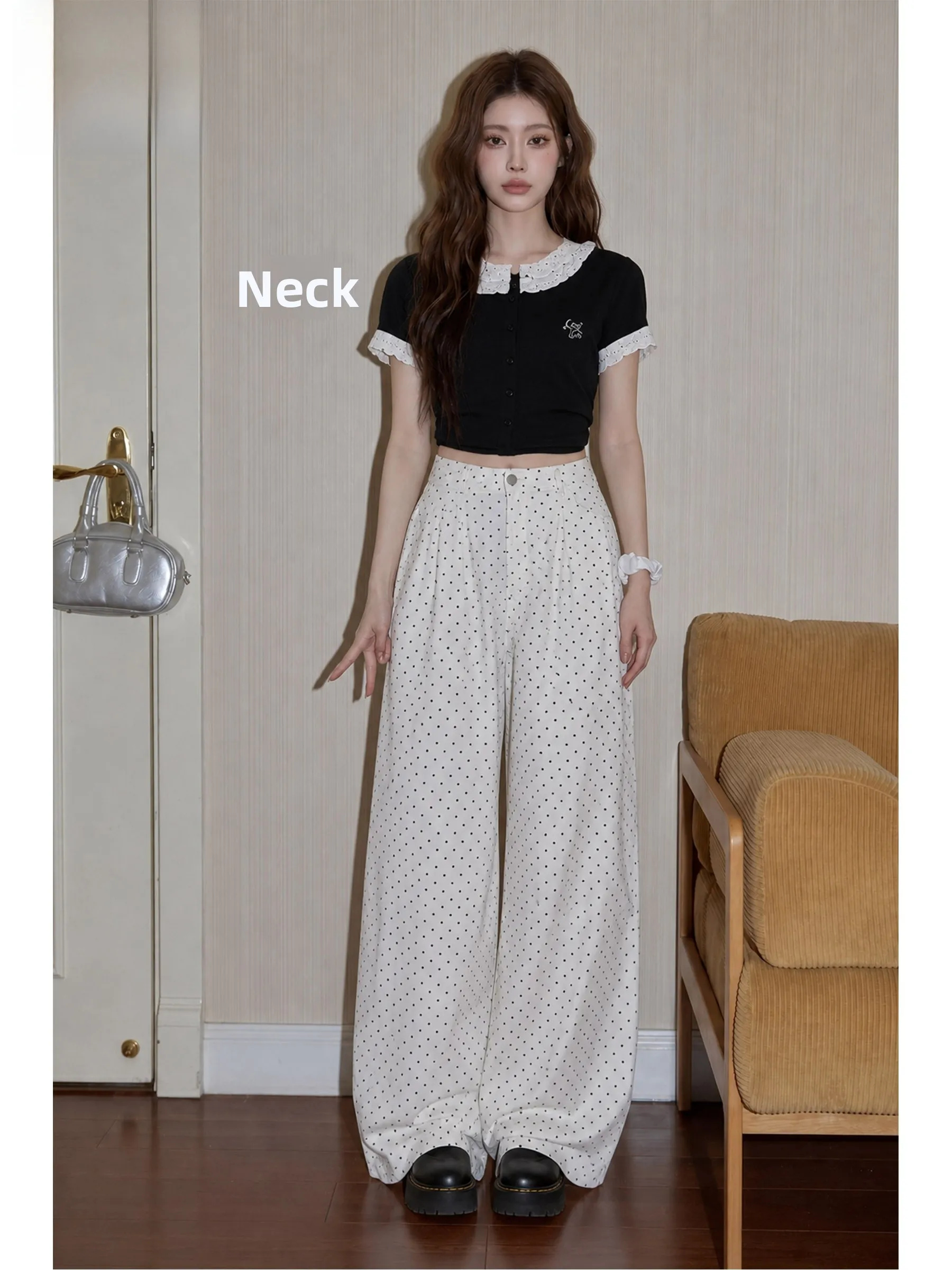 

White Polka Dot High Waist Straight Leg Denim Jeans Women's Summer Loose Slimming Drapey Wide Leg Long Pants Casual Style
