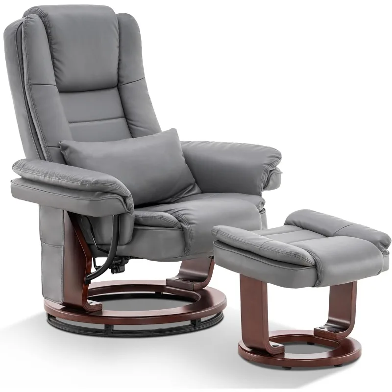 Recliner with Ottoman Chair,Vibration Massage,Removable Lumbar Pillow, 360 Degree Swivel Wood Base, Faux Leather (Grey)