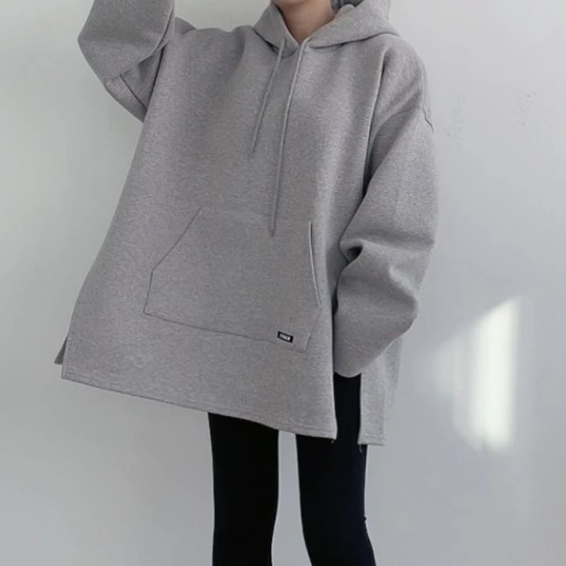 Trendy Japanese Style Long Sleeve Hoodie Women's Autumn Winter Loose Mid-Length Top Coat Simple Commute Style Pure Color