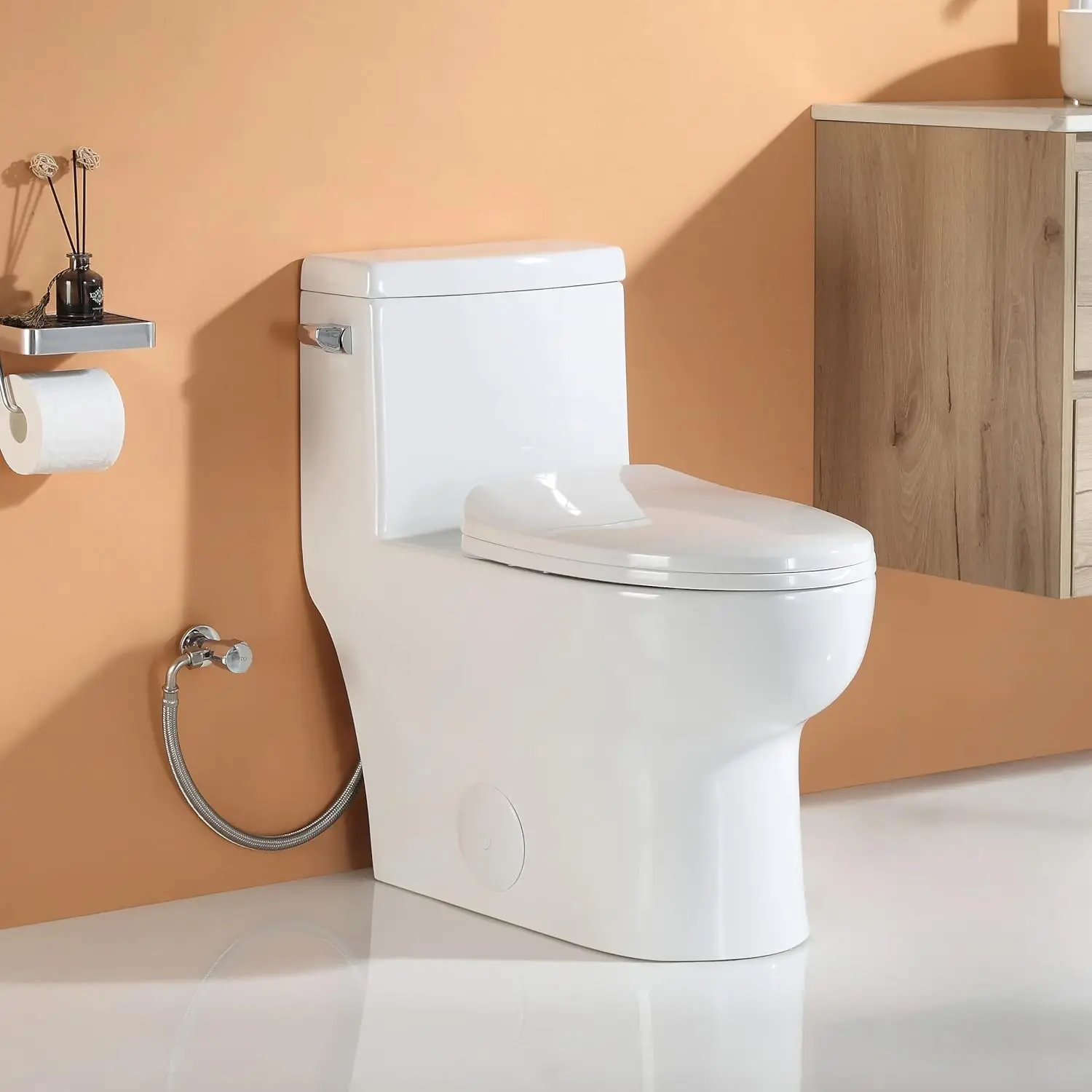 Horow Hr-St076W Elongated Toilet With Left-Hand Trip Lever, One Piece Toilet For Bathroom, Soft Closing Seat Include, Single