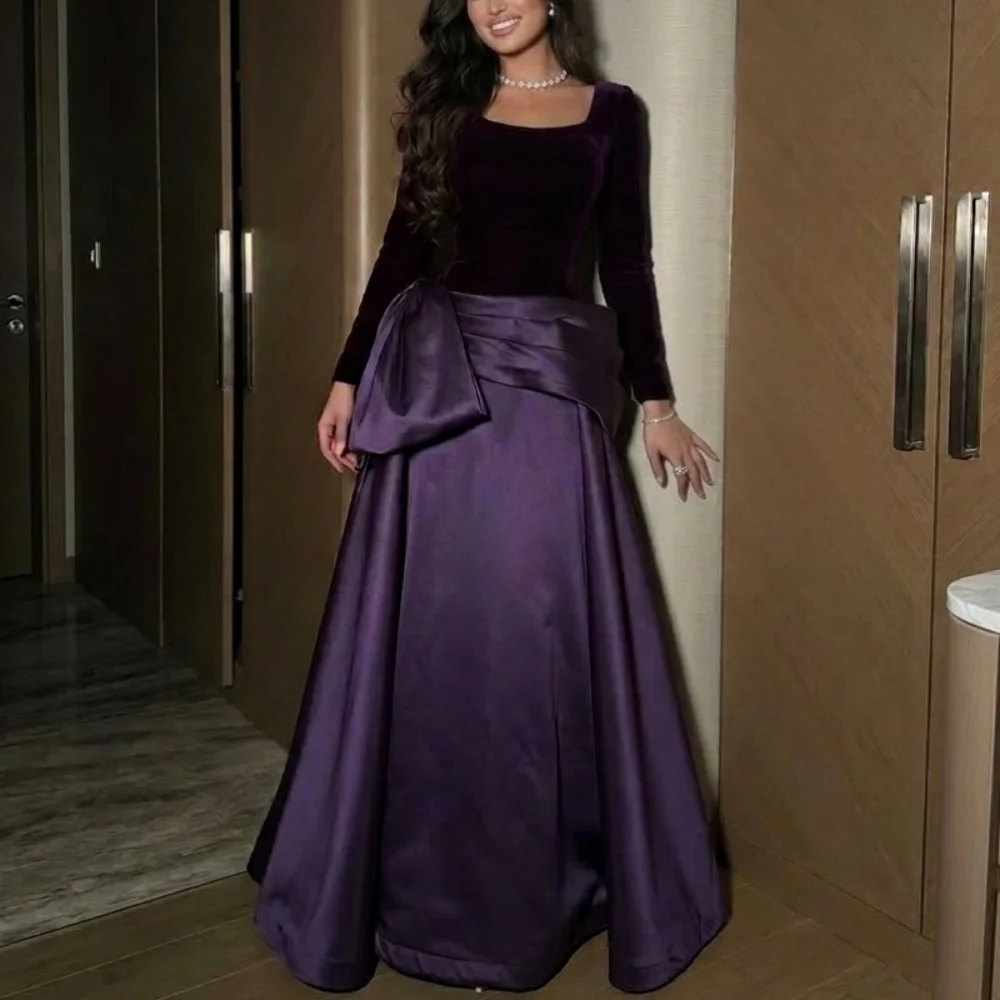 

Изысканное фиолетовое велюровое платье А-силуэта с плиссировкой и драпировкой, с квадратным вырезом, в пол, для дня рождения или вечерних мероприятий