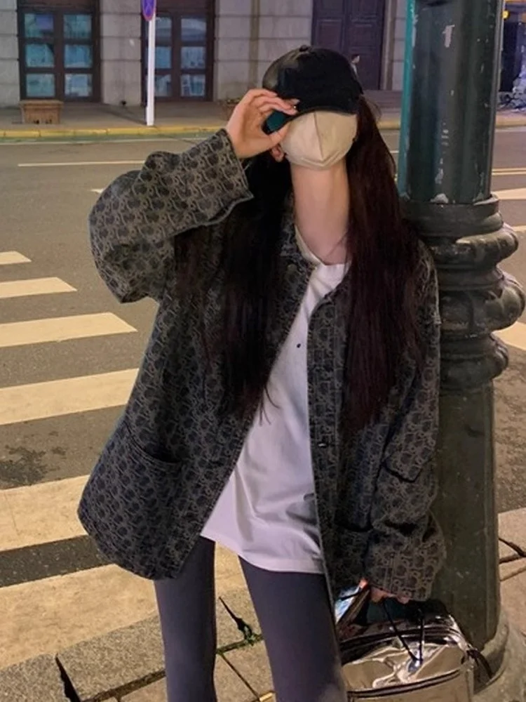 アメリカンハイストリートレトロデニムジャケットレディース新デザイン春秋万能プリントジャケットトップルーズフィットロングスリーブ