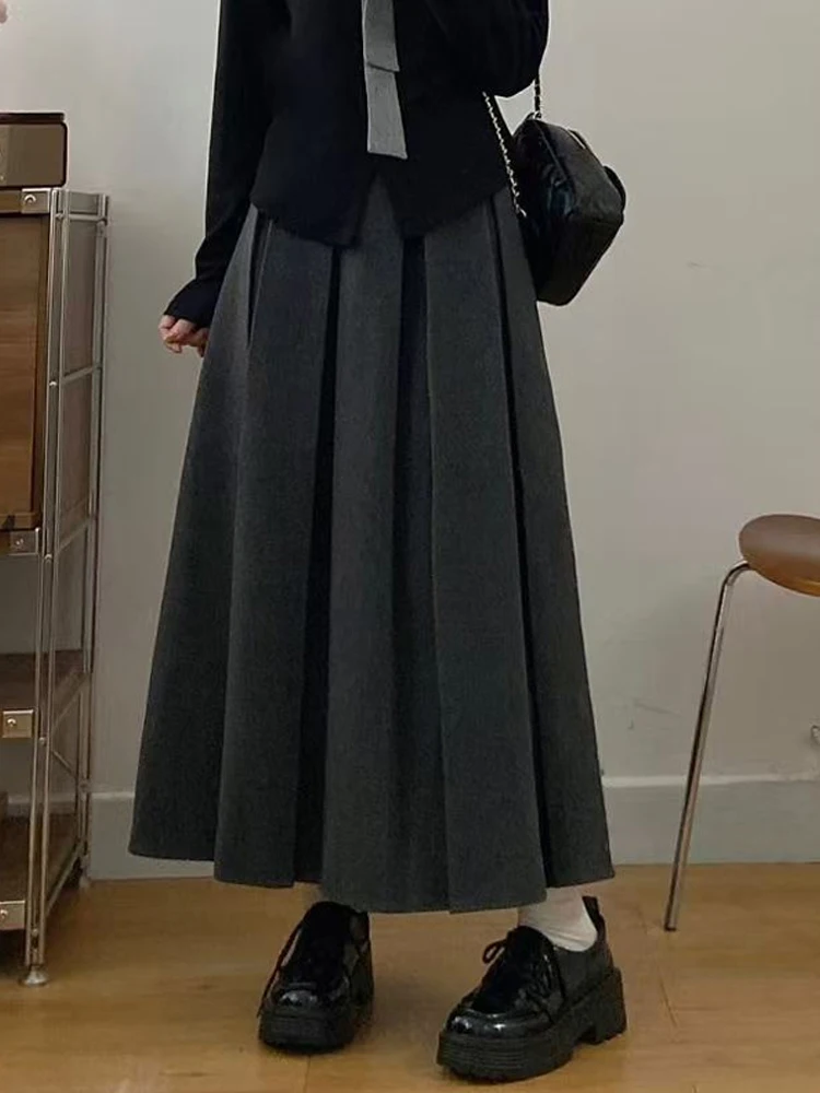 

Женская черная шерстяная юбка-миди, серая тонкая плиссированная юбка трапециевидной формы с высокой талией, зимняя повседневная элегантная шикарная модная офисная одежда для поездок на работу