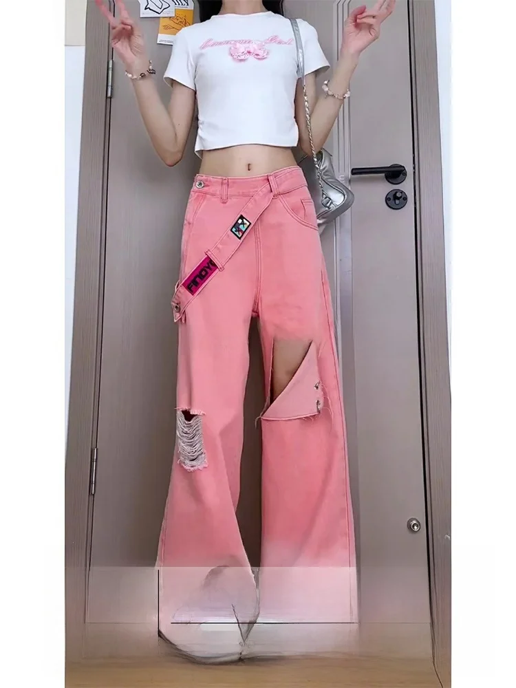 

Женские джинсы-клеш с высокой талией, розовые, из денима, весенняя новинка, свободный крой, с эффектом похудения, в американском ретро-стиле, с рваными элементами