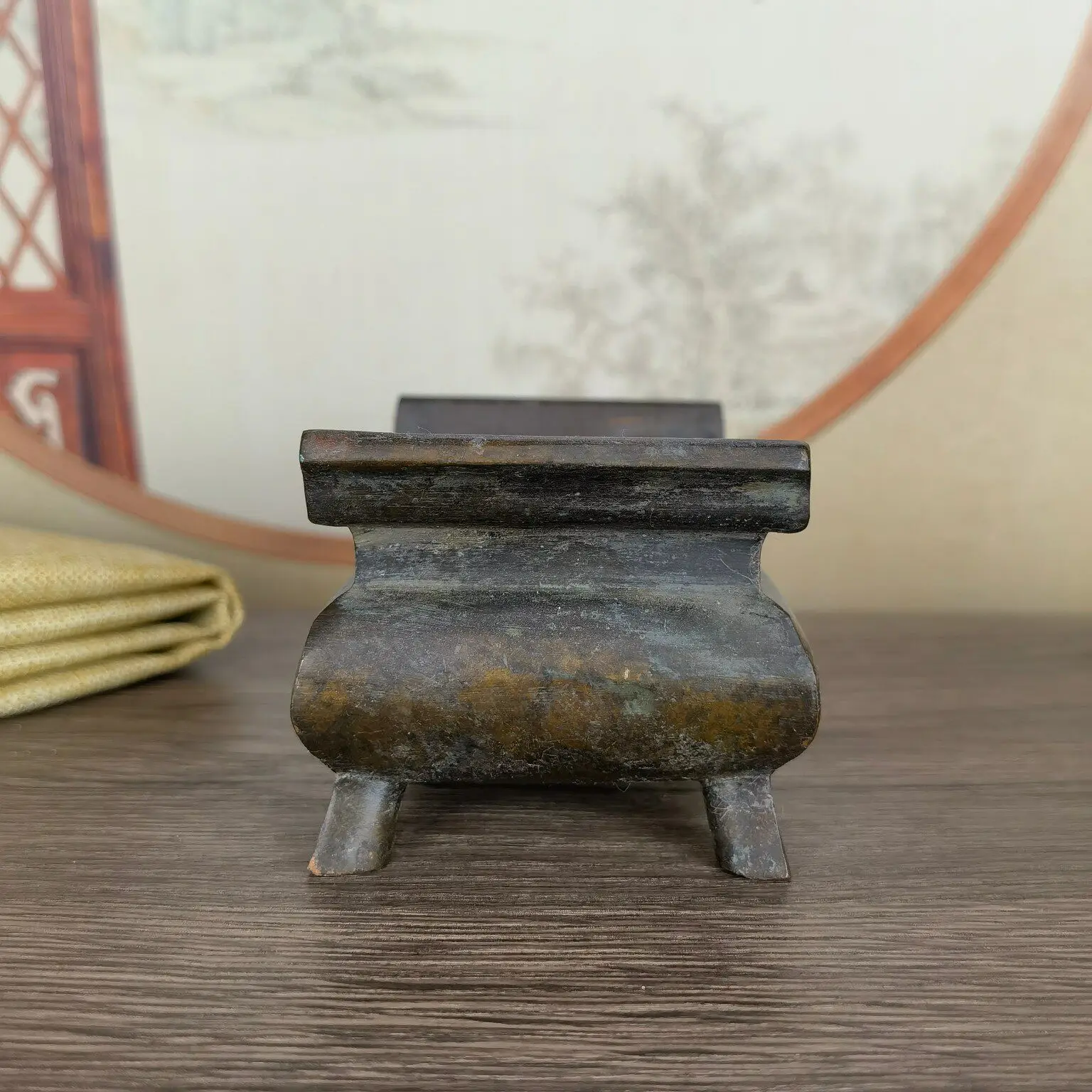 Traditional Chinese Alloy Incense Burner Rectangular Four Legged Censer for Home Temple