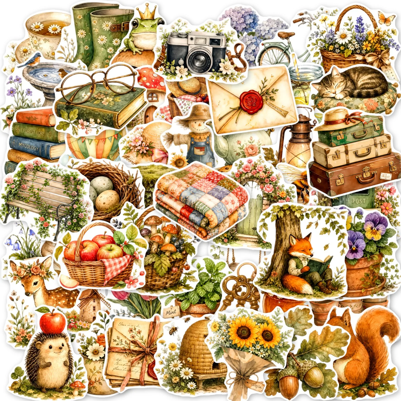50-Pack Watercolor Country Forest Animal Flower Decal Stickers Waterproof Decorations for Notebook Guitar Luggage Stationery