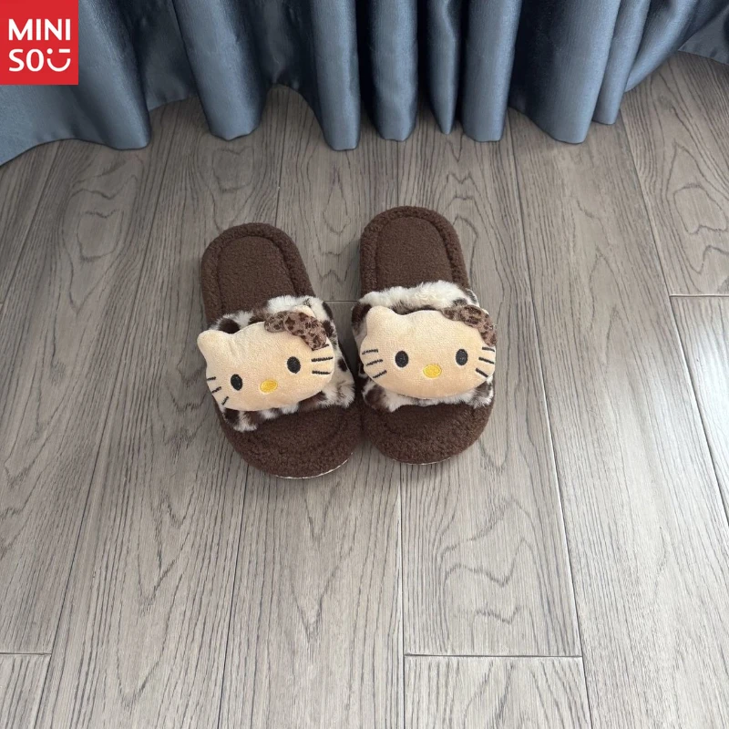 Miniso 2025 Chinelos de leopardo para mulheres, sapatos de casa de pelúcia sem odor