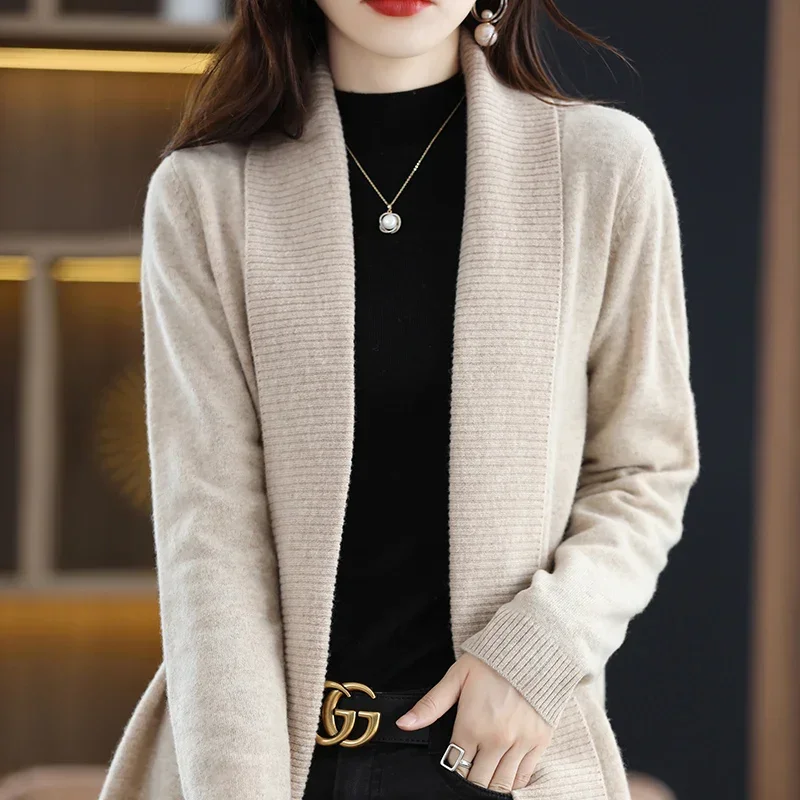 

New Fashion Trend 100 % Wool Cardigan Women's V-neck Sweater Solid Color Cashmere Knitted Long Sleeve Coat Women's Sweater S-XXL