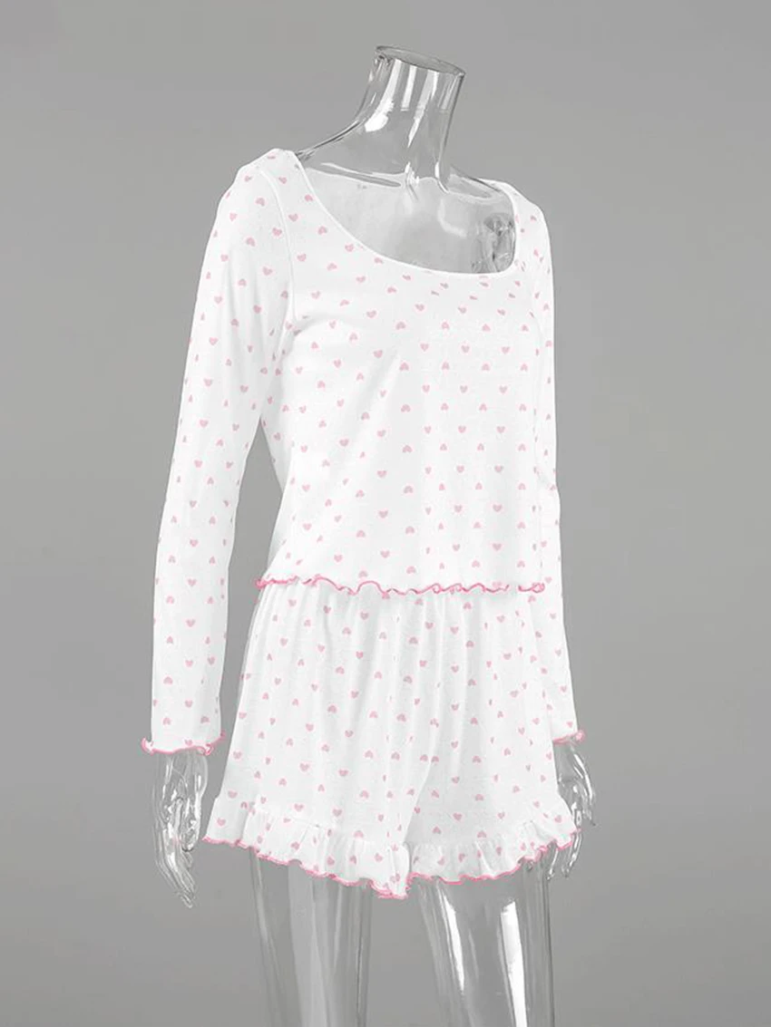 Marthaqiqi Casual Women Nightgown Set Square Collar Pajama Crop Top Sleepwear Long Sleeve Nightie Shorts Printing Nightwear Suit