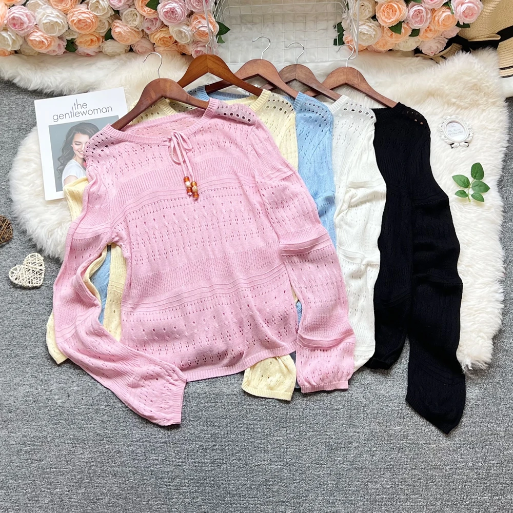 

YuooMuoo Women Sweaters 2025 New Autumn Fashion Openwork Stitching Long Sleeve Casual Pullover Tops Streetwear Korean Lady Shirt