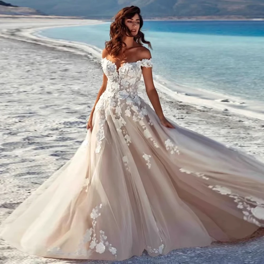 Customized Princess Sweet Wind Women's Exquisite  Wedding Dress For Woman Off Shoulder Lace Soft Chiffon  Bridal Gown