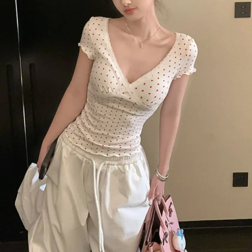 

2026 Love Printed Lace Splicing V-Neck Short Sleeve T-Shirt Bottom Shirt Top