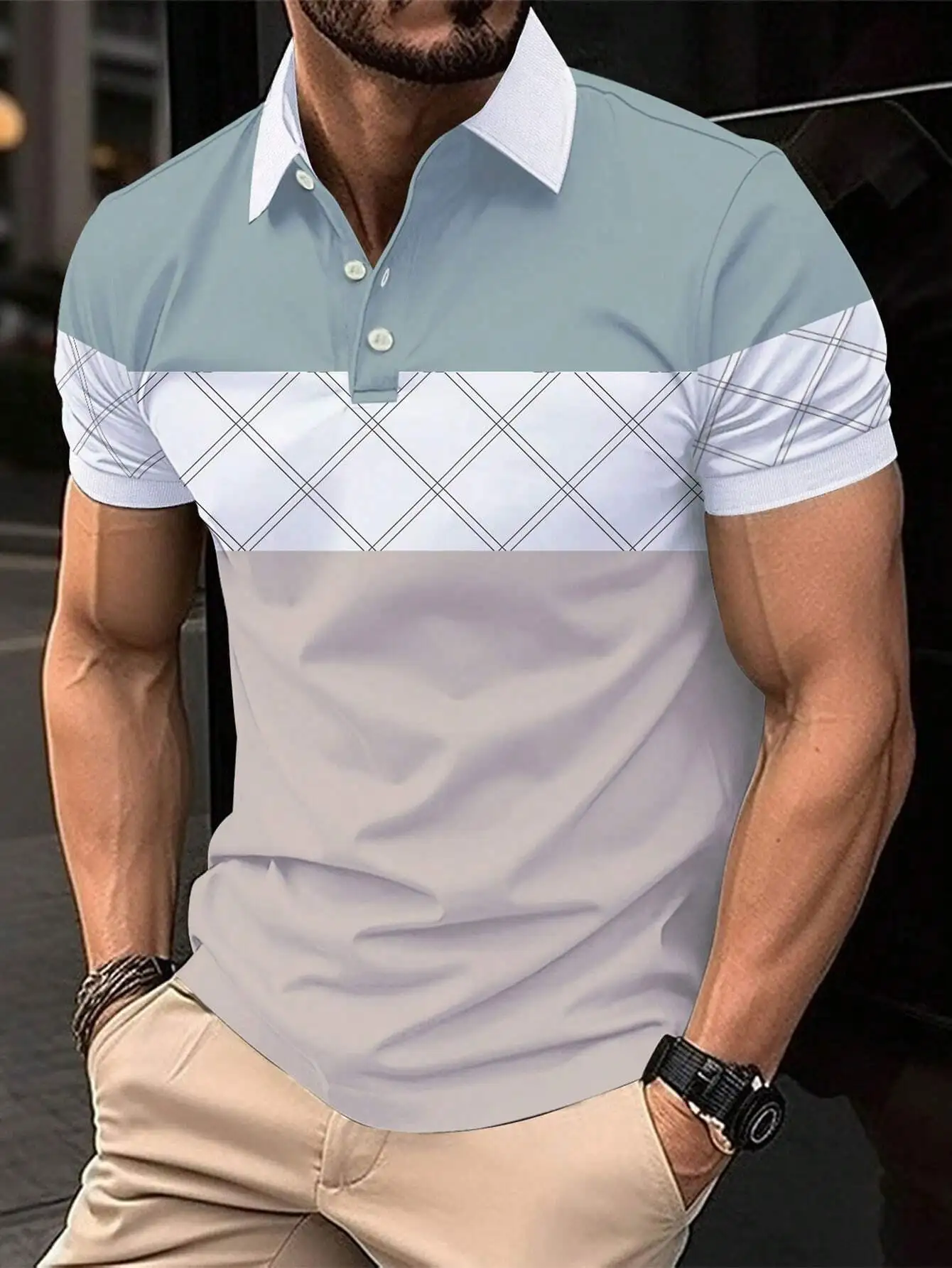 

Мужская рубашка-поло с цветовыми блоками и геометрическим узором, короткий рукав, повседневный стиль, дышащая ткань