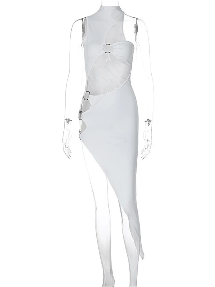 Strano Anelli di Gatto Patchwork Abito da Donna Sexy Irregolare Hollow Senza Maniche Midnight Hottie Club Party Hipster Spacchi Lungo Aderente