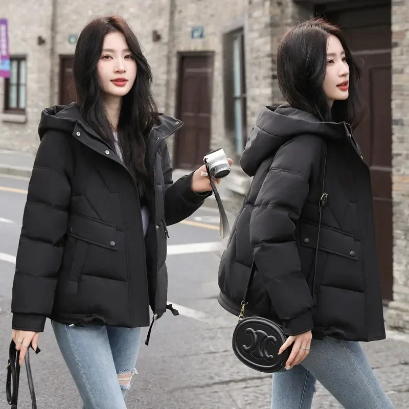 2024 New Korean Fashion Women Puffy Coats Simple Solid Loose Short Parkas Winter Thick Warm Hooded Cotton Padded Female Down Jac