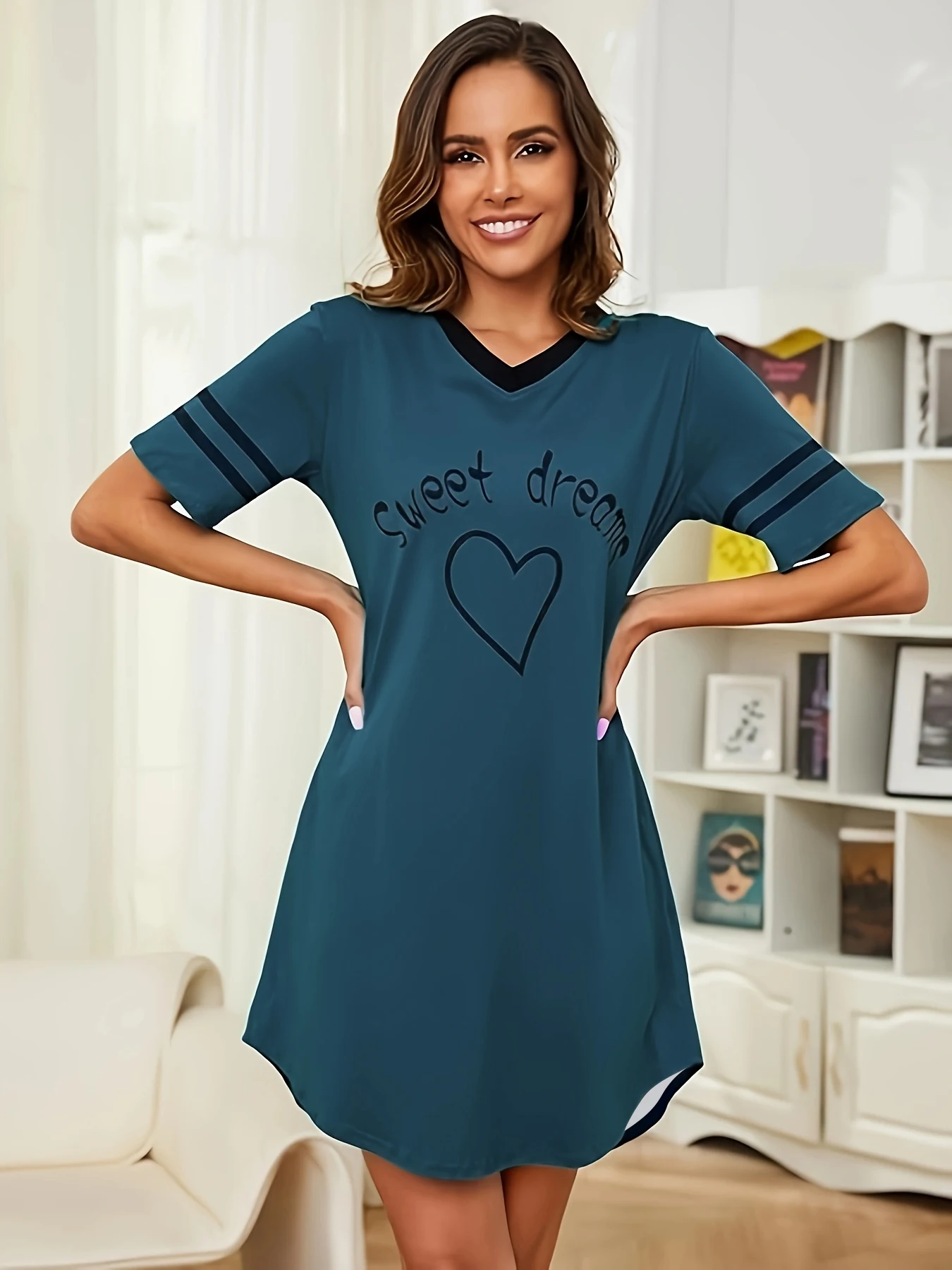 Women's Four-Season Spring and Summer Style Nightgown, Casual Loose Letter-Printed Nightdress for Women