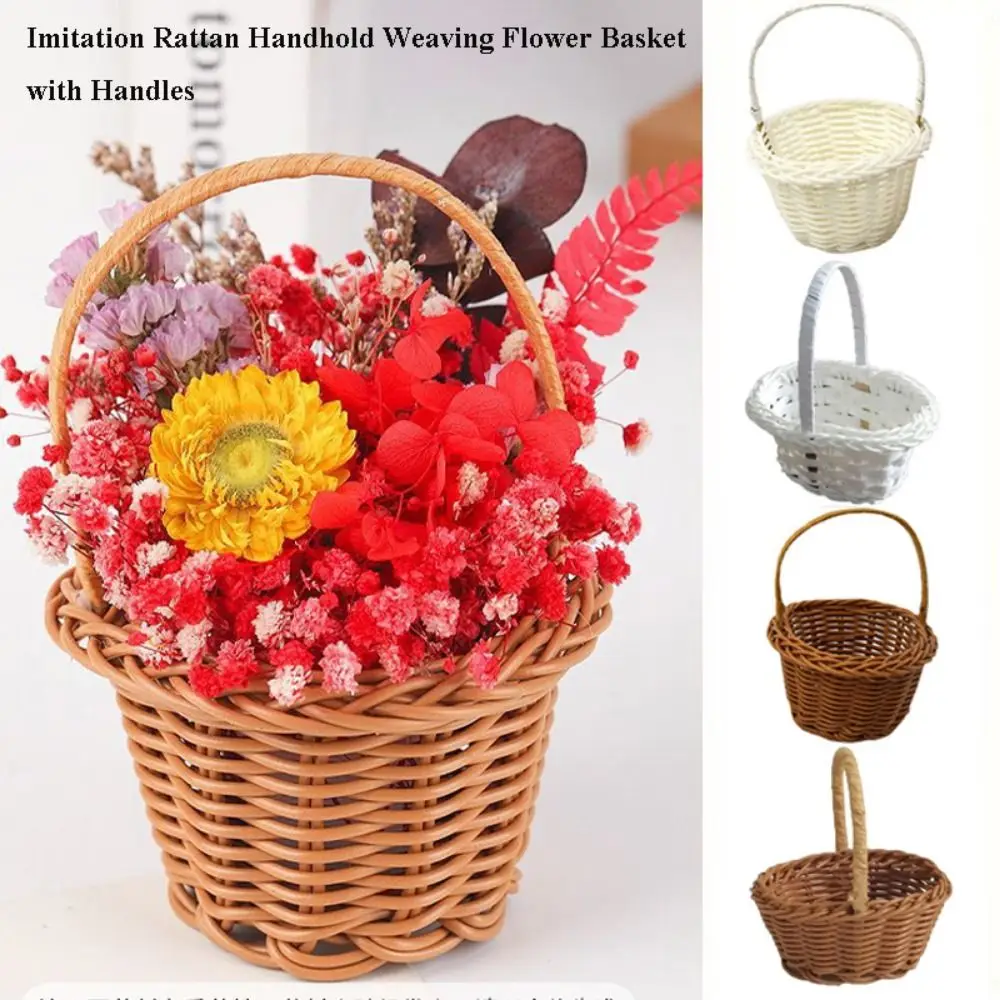 with Handle Imitation Rattan Handhold Household Handwoven Braid Storage Baskets 10 Styles Vegetable Fruit Flowers Holder