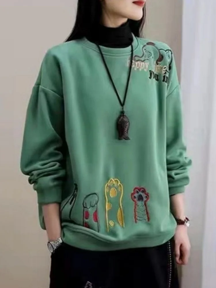 Women's Embroidered round Neck Sweatshirt Loose Fit Trendy Outerwear Autumn Winter New Arrival plus Size Straight Cut Style