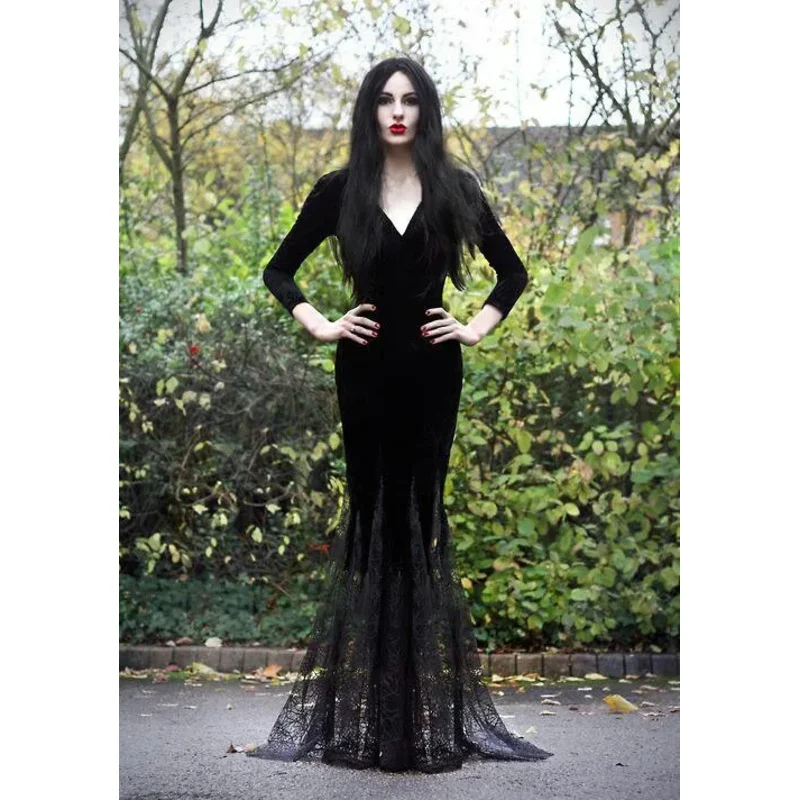 M-3XL Morticia Addams costume cosplay Halloween sexy Gothic wicked witch horror maxi lace floor dress mermaid outfit for women n