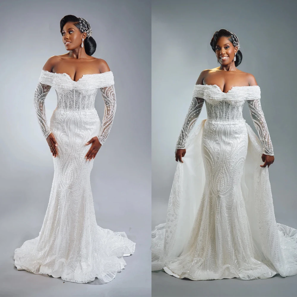 Modern Sequins Wedding Dresses Off Shoulder Mermaid Bridal Gowns with Overskirts Long Sleeves Customized Vestidos De Novia