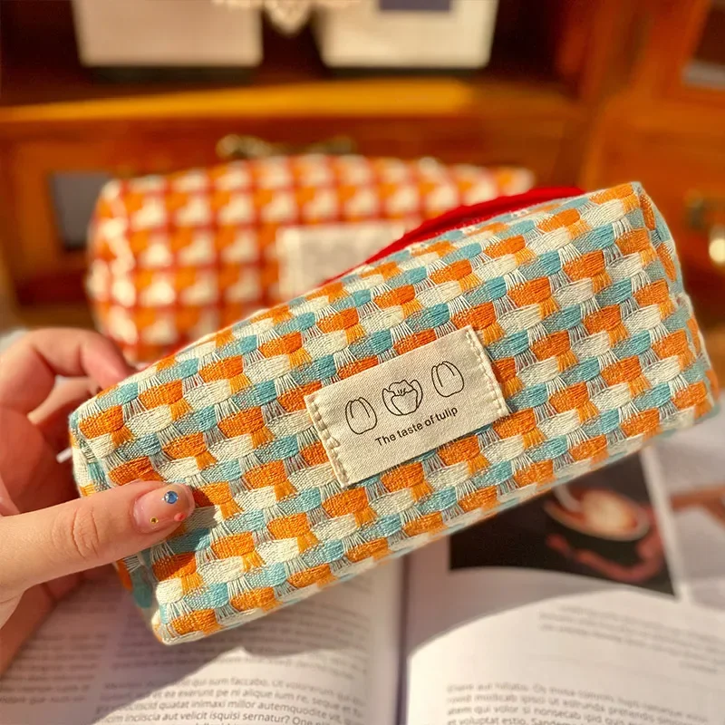 1 Piece Retro Pencil Case for Student Vintage Classic Color Checkboard Pencil Bag High Capacity Fabric Stationery Storage Bag